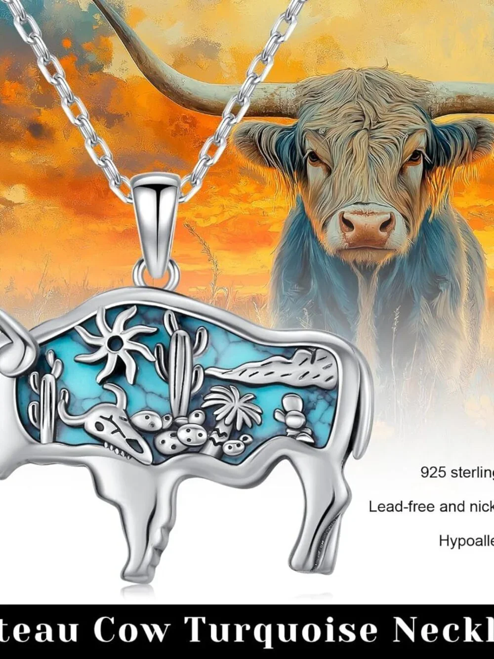 Women's Highland Cow Sterling Turquoise Pendant Highland Cow Skull Necklace